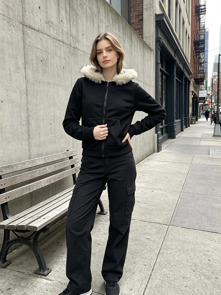 

Women Fashionable Faux Fur Trim Hood Zip Up Jacket Black Slim Long Sleeve Kangaroo Pocket Rib Hem Fall Winter Casual Hooded Coat