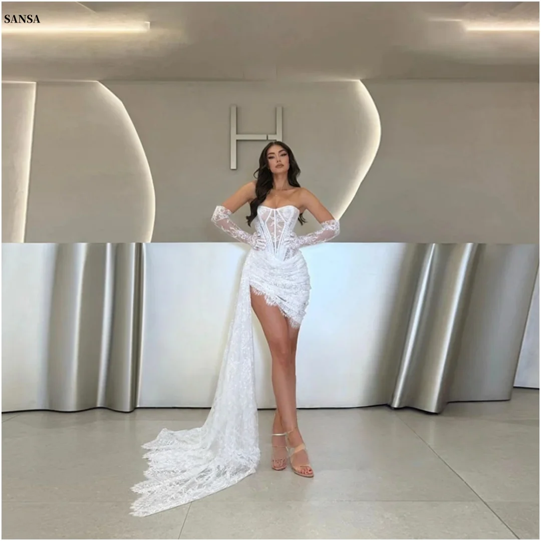 

Sansa Customized White Sleeves Lace Strapless Party Dress Backless Trailing Prom Dress Mini Skirt Flowers Evening Dresses 2025