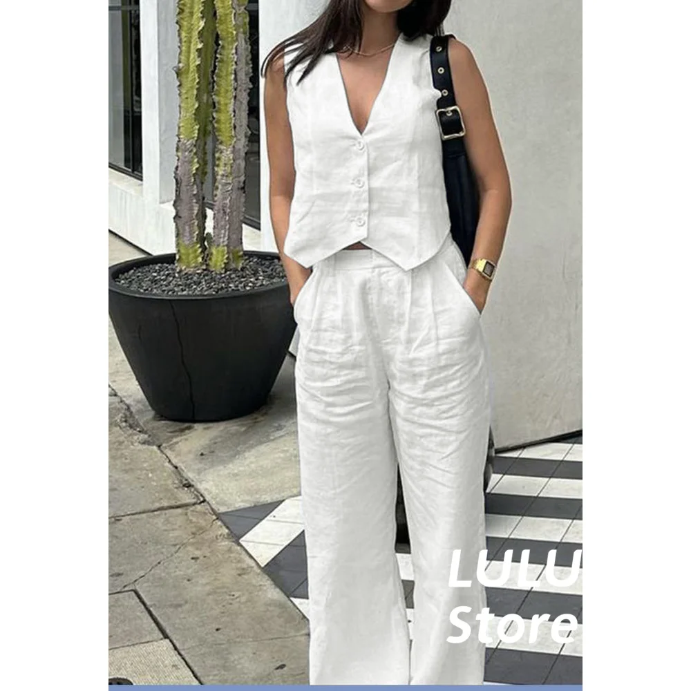 Dames Pak Vest Broek Linnen Mouwloze Slim Fit Lvory Basic Veelzijdige Stijl Zomer Ontspannen En Comfortabele Dames 2 Stuks