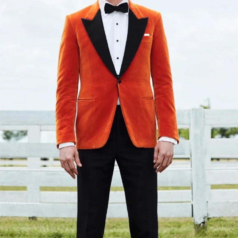 Tailor Made Orange Wedding Men Suits Slim Fit Fashion Handsome Groomsmen Warm Velvet Blazer Black Pants Tuxedo Dinner Costume