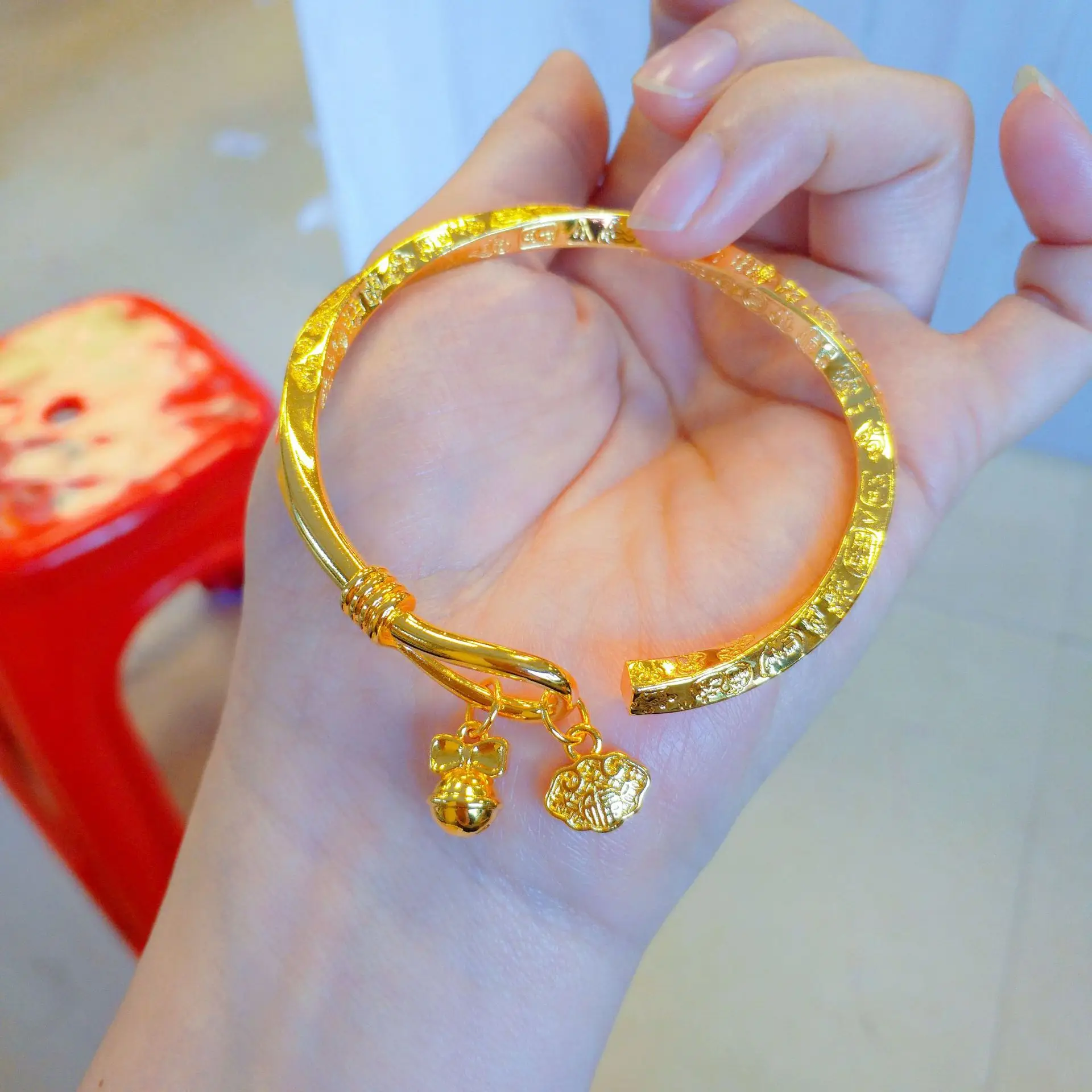 

Women's 24K Gold (AU999) Ancient Style Lucky Bell Bracelet | Faceted bell plate, filigree cloud with turquoise accents