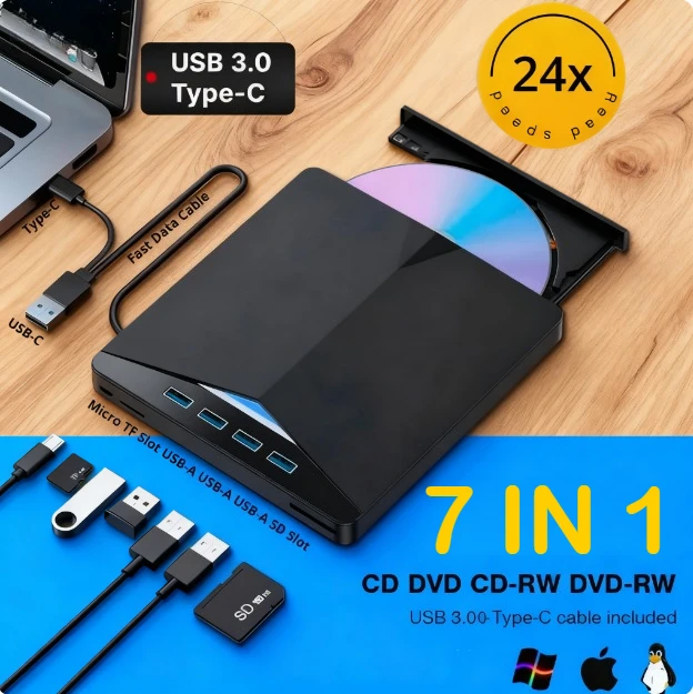 7-in-1 USB 3.0 Type-C High-Speed External DVD tray-load RW Drive,Reader,Burner,Player for Desktop PC Laptop Windows 10/11