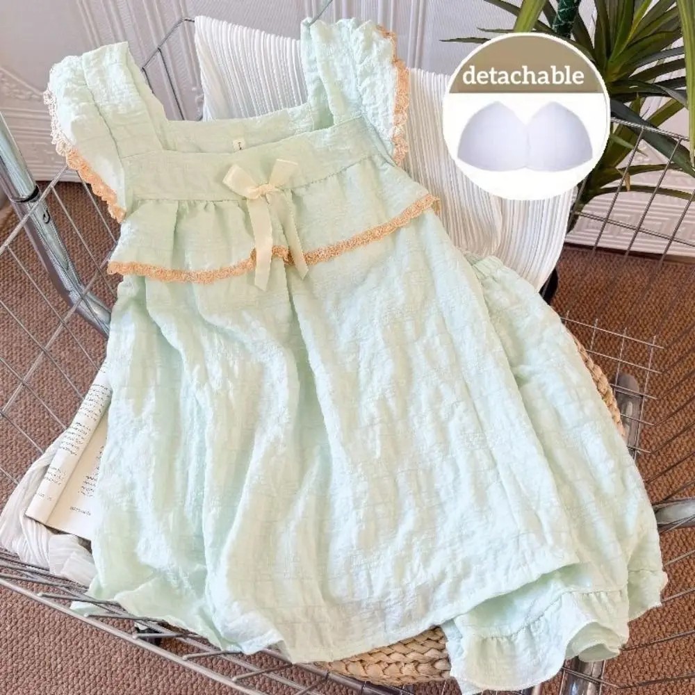 

Comfortable Bowknot Sweet Pajamas Set Ruffle Summer Camisole Shorts Nightdress Loose with Bra Pad Sleeveless Nightwear Women