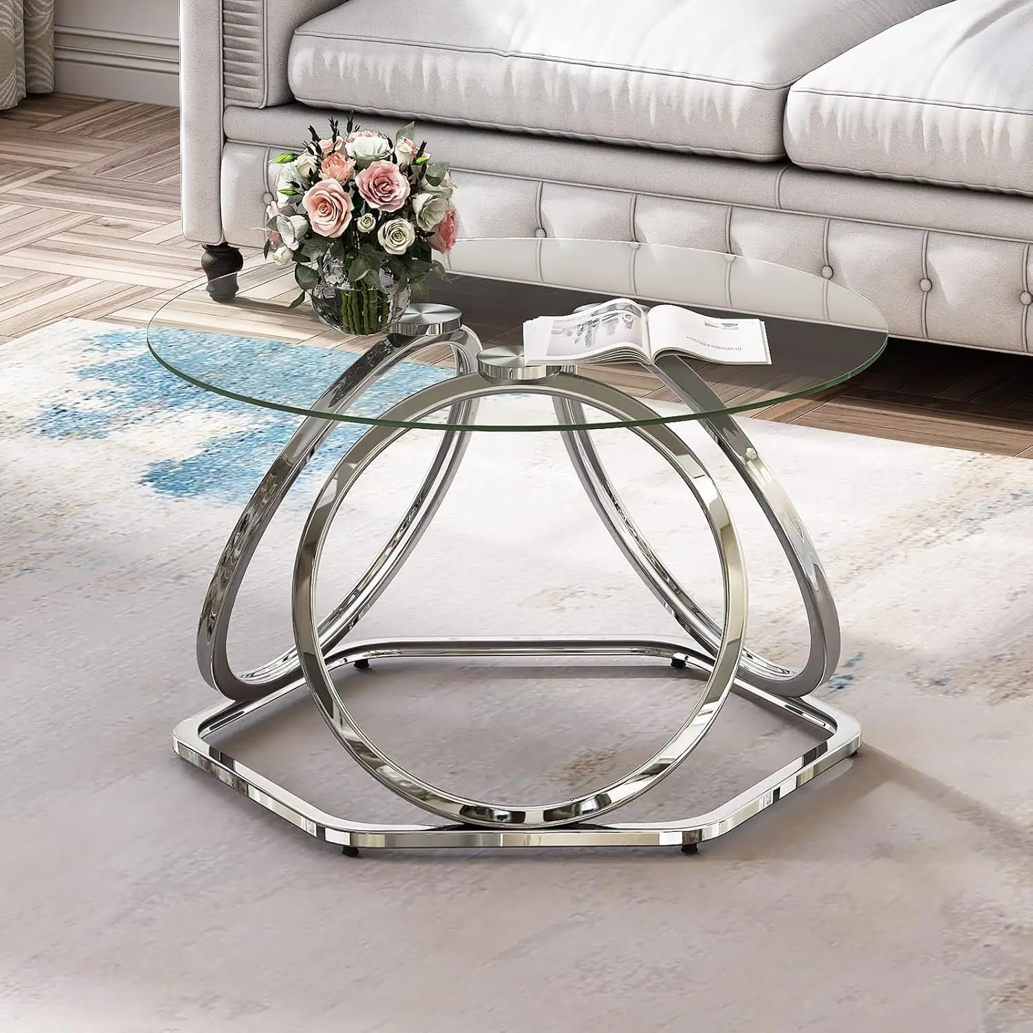 

1 PC Modern Round Glass Coffee Table - Chrome Finish Silver Living Room Table with Hexagonal Base for Home & Office