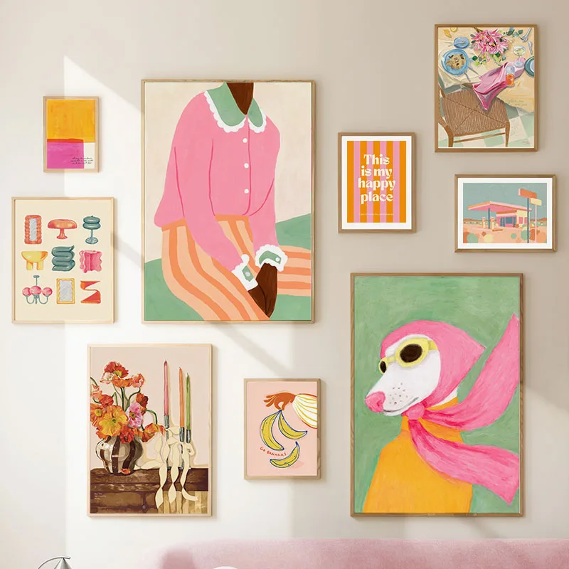 (No frame)Fashion Girl Dog Vase Flower Banana Abstract Posters And Prints Wall Art Canvas Painting Picture Hotel Bar For Livi