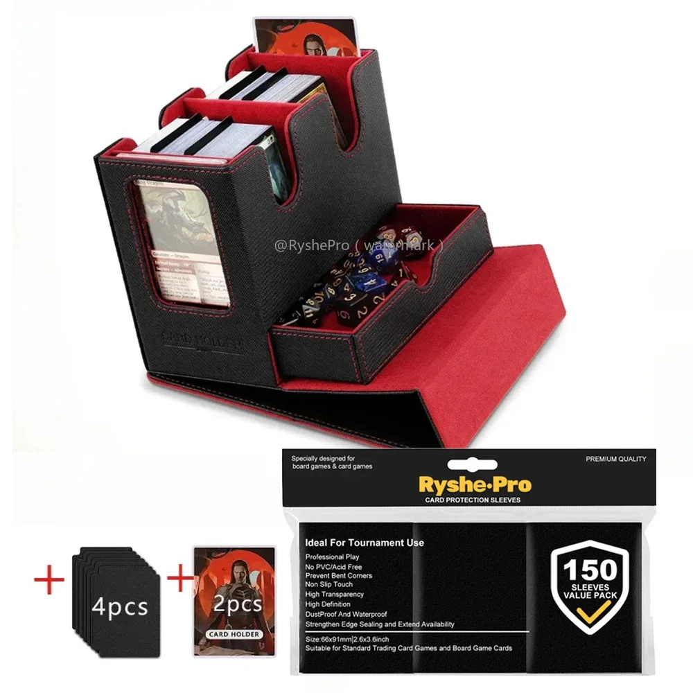 3 in 1 Commander Deck Box with 150 Premium Card Sleeves 66x91mm Trading Card Storage Box for MTG TCG PKM Cards with Dice Tray