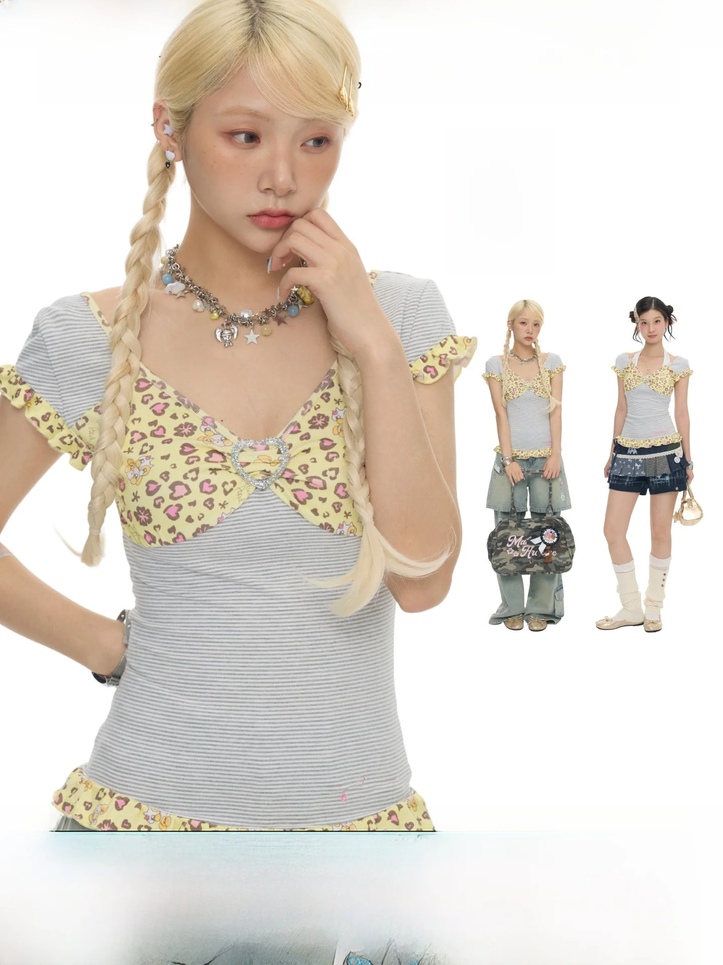 BENANDx Summer Y2K Leopard Print Short Sleeve T-Shirt Yellow Stripes Ring Buckle Design Vintage Style Women's Fashion Top