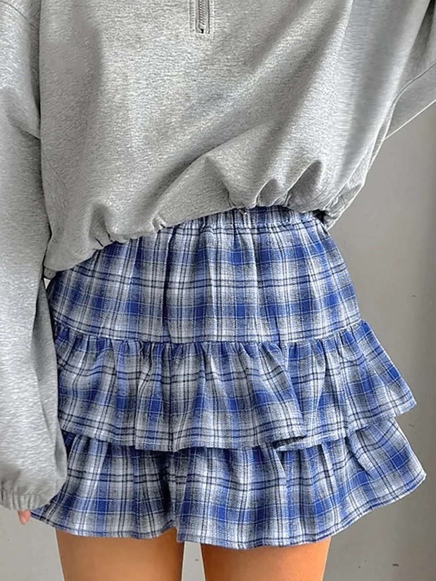 Plaid Layered Ruffle Mini Skirt for Women Girls Preppy Style High Elastic Band Short A-Line Skirts Streetwear Aeshtetic Clothes