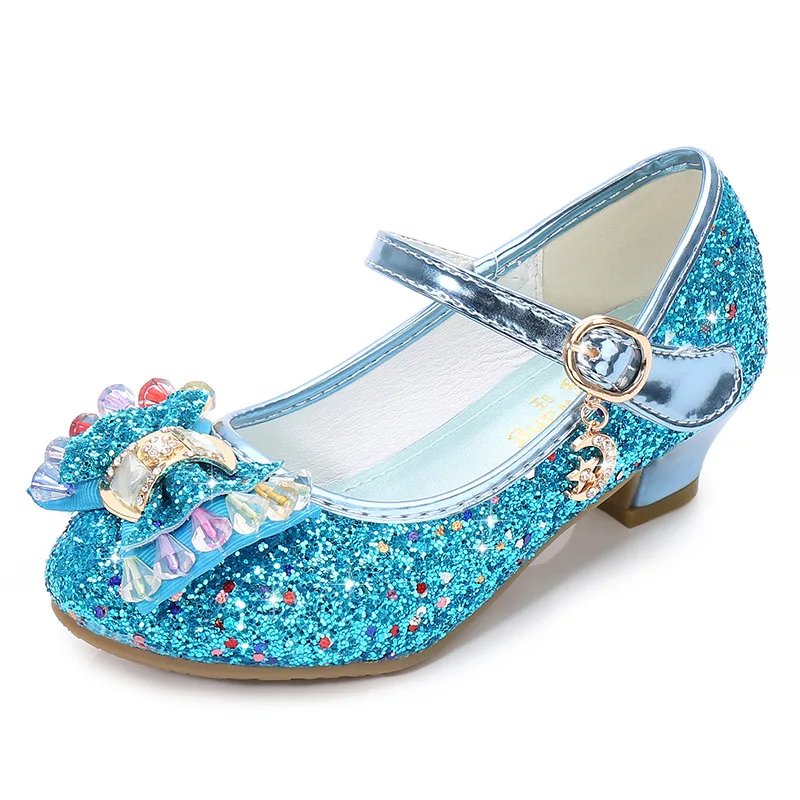 Princess Kids Leather Shoes For Girls Flower Casual Glitter Children High Heel Girls Shoes Butterfly Knot Blue Pink Silver