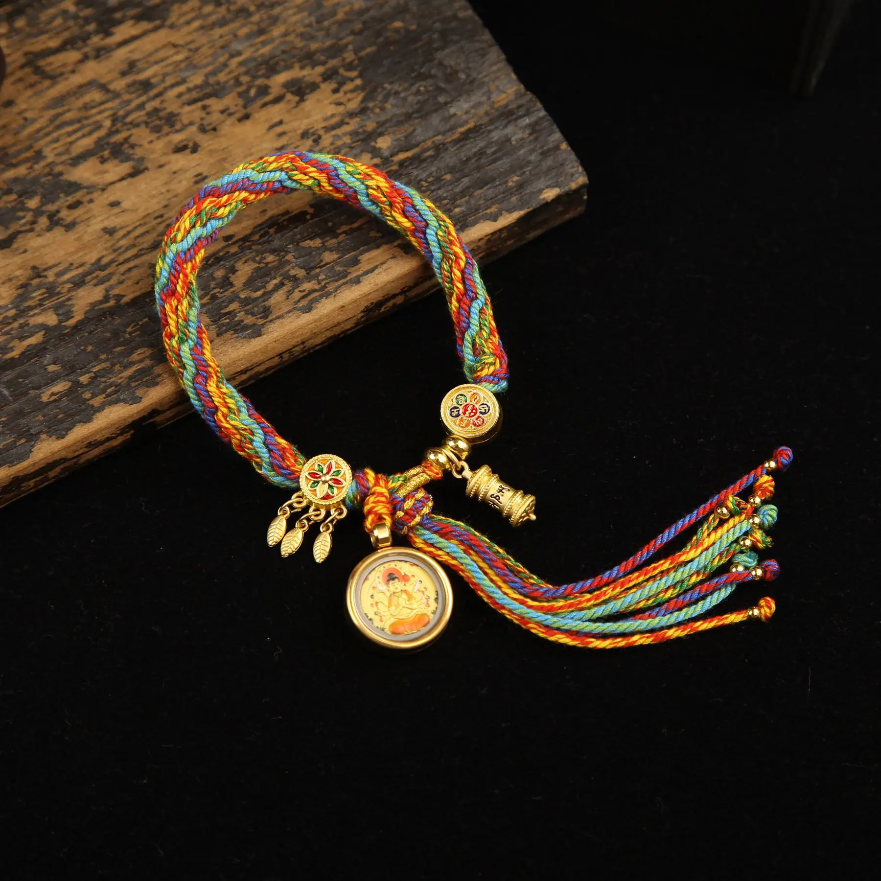 Handwoven Reincarnation Cotton Bracelet with Double Sided 3D Embossed Eight Guardian Deities Tibetan Thangka Gifts