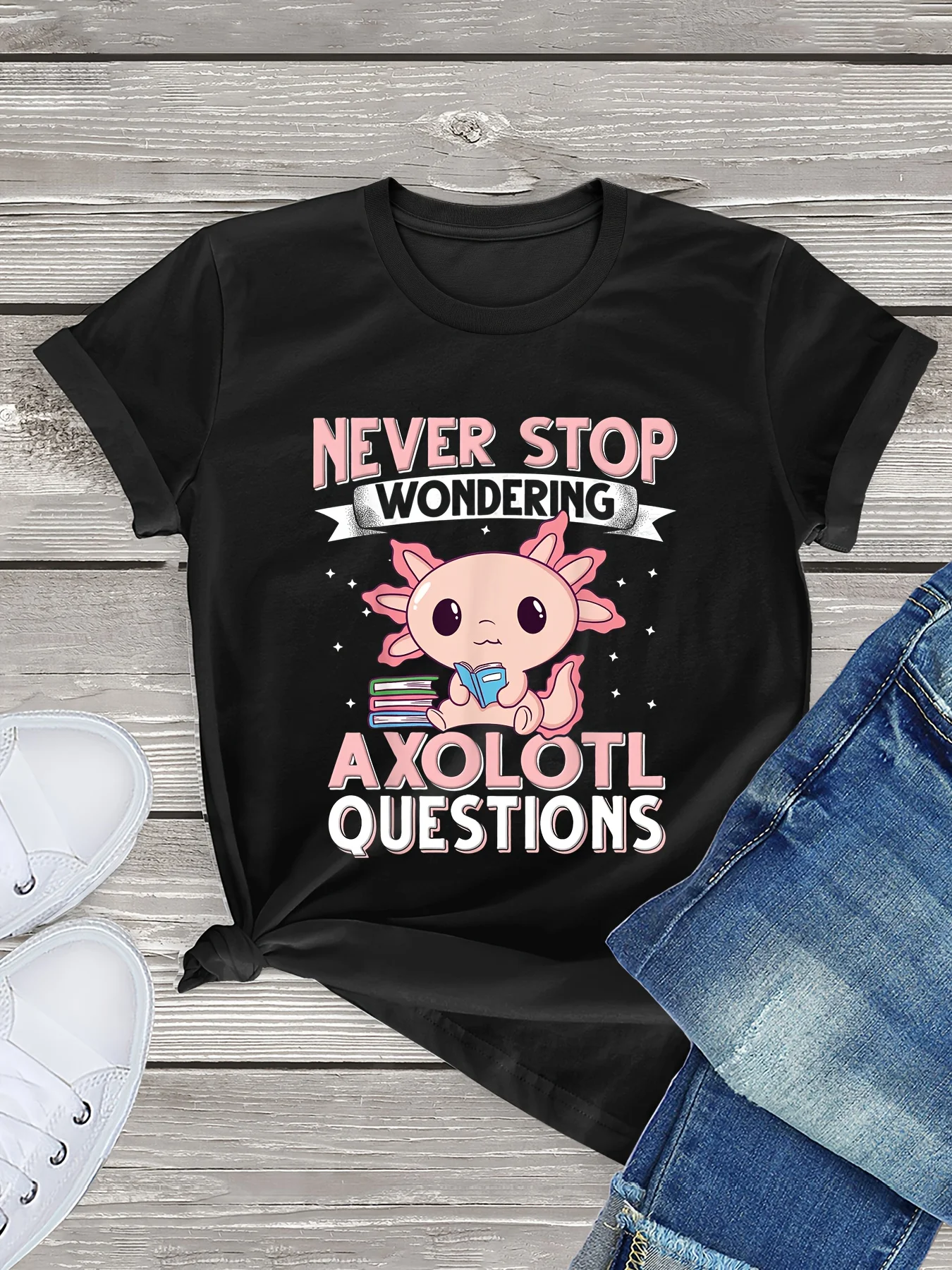 Cartoon Axolotl Print T-Shirt, Short Sleeve Crew Neck Casual Top For Summer & Spring, Women\'s Clothing