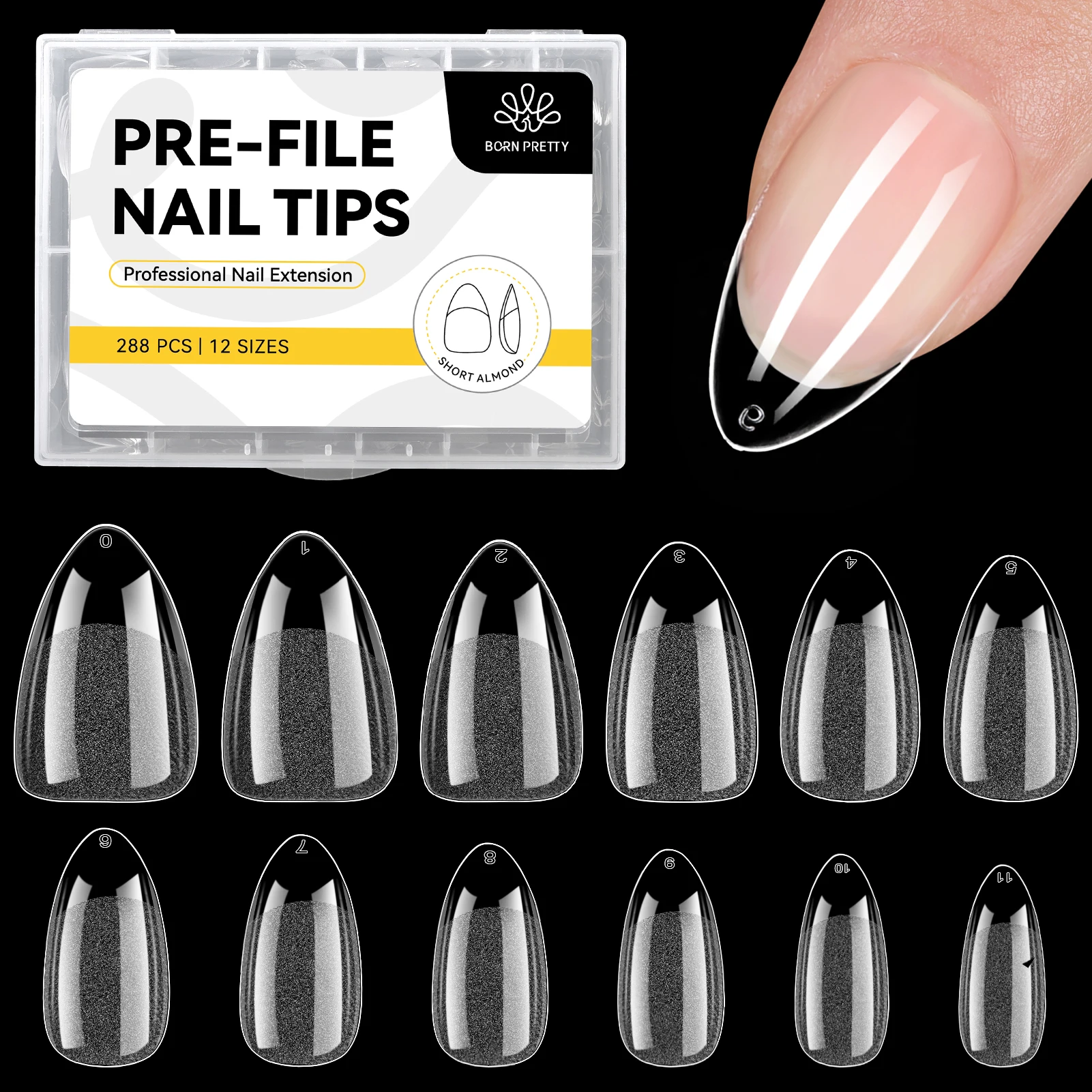 BORN PRETTY Kurze Mandel-Nagelspitzen 12 Größen 288 Stück Vollabdeckende Gel-Nagelspitzen Klare Acryl Aufklebenägel Verlängerung Kleber erforderlich