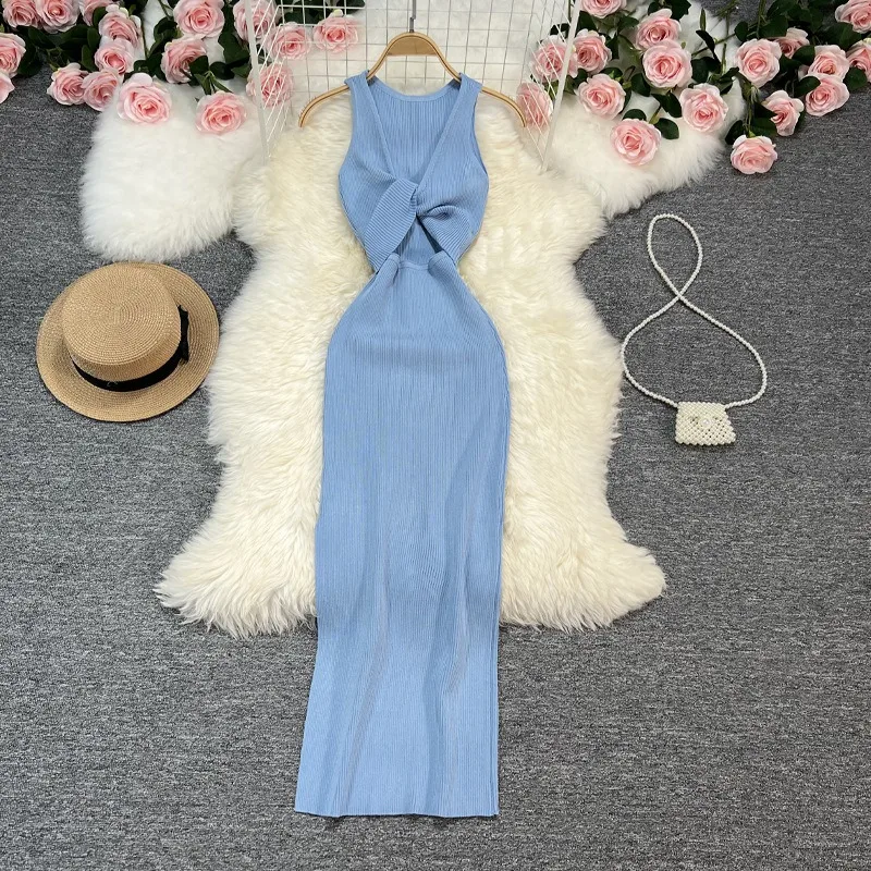 YuooMuoo Women Dress 2024 Summer Fashion Two Sides Available Knitted Bodycon Dress Elegant Split Long Party Vestidos Robe Femme