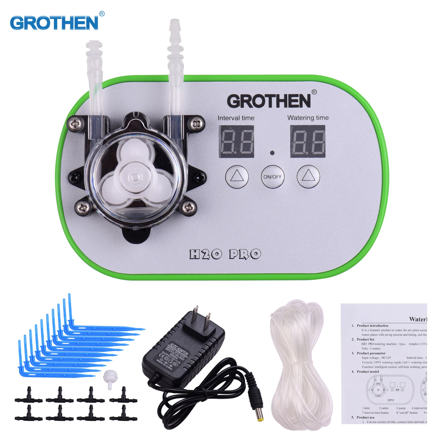 GROTHEN Timed Dosing Peristaltic Pump Metering Pump Smart Watering Device Amount Timing Control with 5 Meter Hose 160ml/min