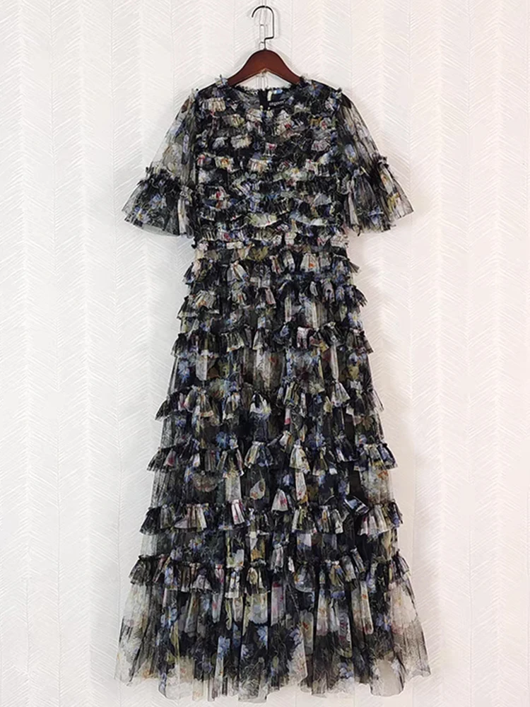 Retro tingimento multi camada cogumelo borda em torno do pescoço cintura vestido de malha 2025 verão vestido feminino moda solta puff saia