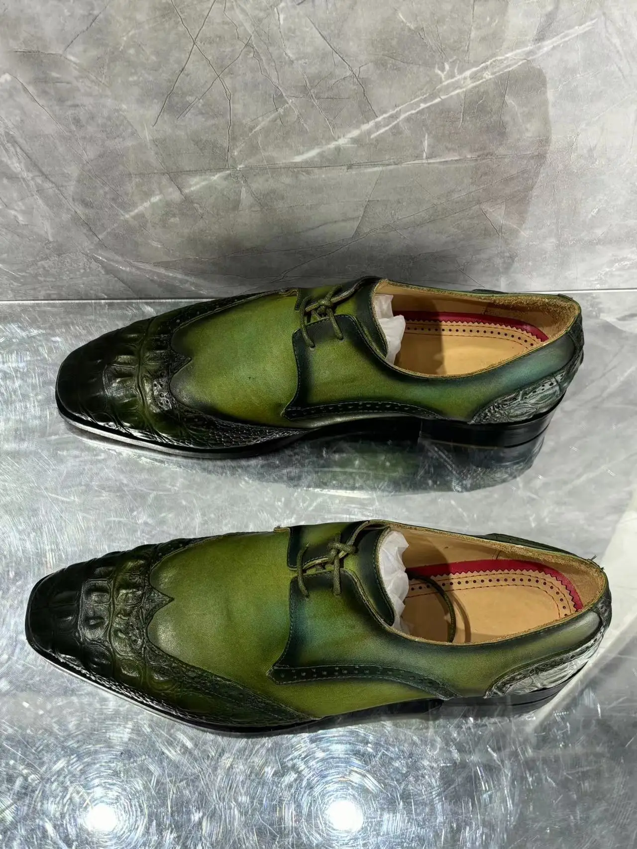 Luxury Cattlehide Man Square Toe Leather Shoes Fashion Carve Patterns Male Slip On Green Formal Casual Shoes