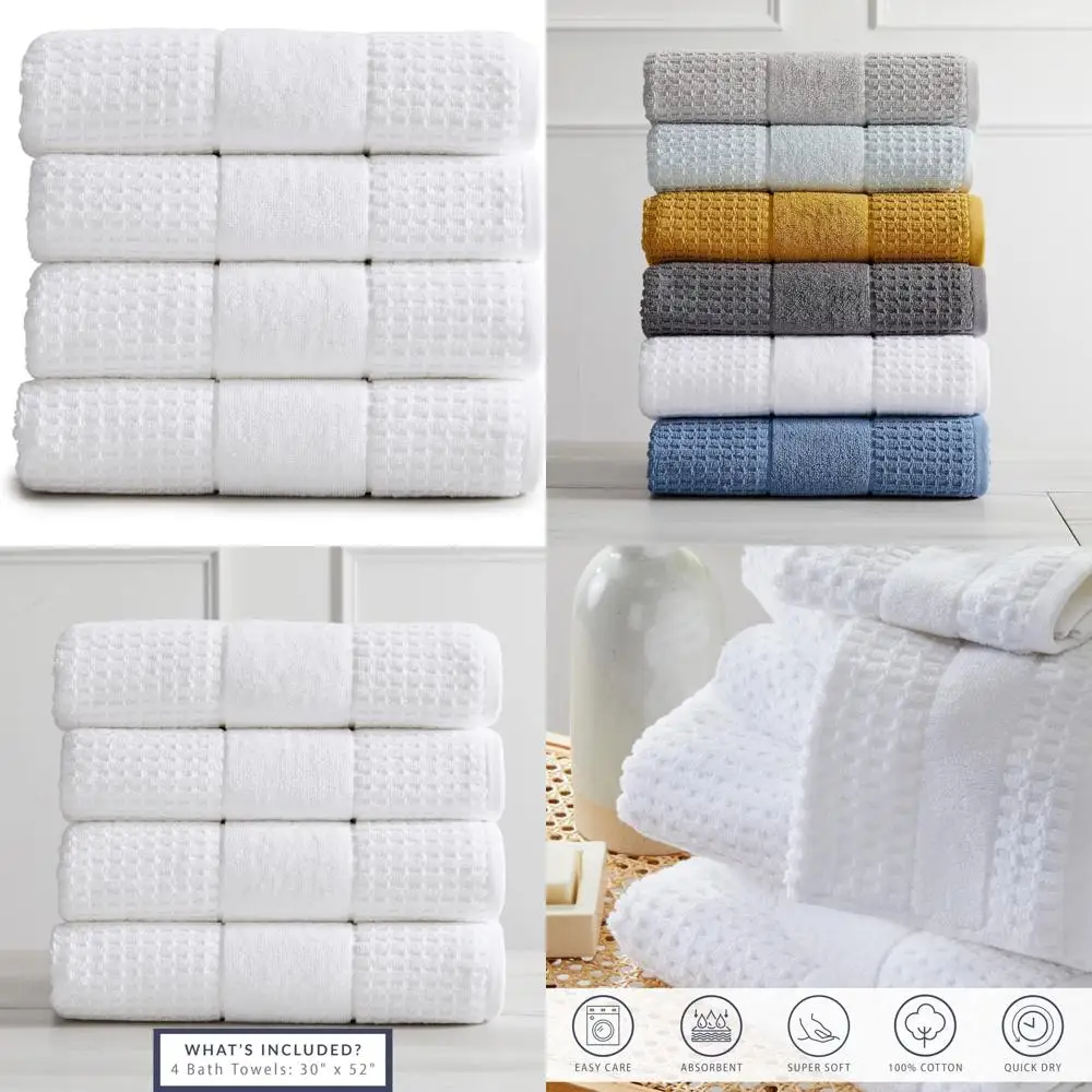

Luxury Super Soft Cotton Bath Towel Set - Quick Dry, Highly Absorbent, Waffle Texture, 550 GSM, 4 Piece Set