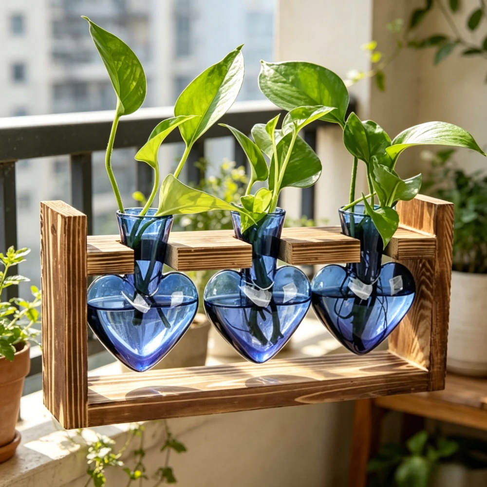 Kreative Herzförmige Hydroponische Vase mit Holzständer Farbenfrohe Transparente Glasvase Moderne Heim- und Büro-Tischdekoration