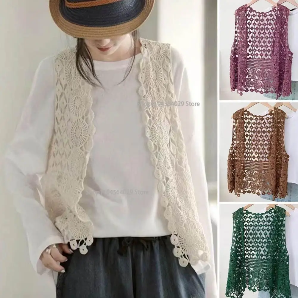 

Knitted Hollow Vest Retro Knitted Crochet Sleeveless Women's Summer Vest Stylish Open Stitch Cardigan for Daily Outwear Loose