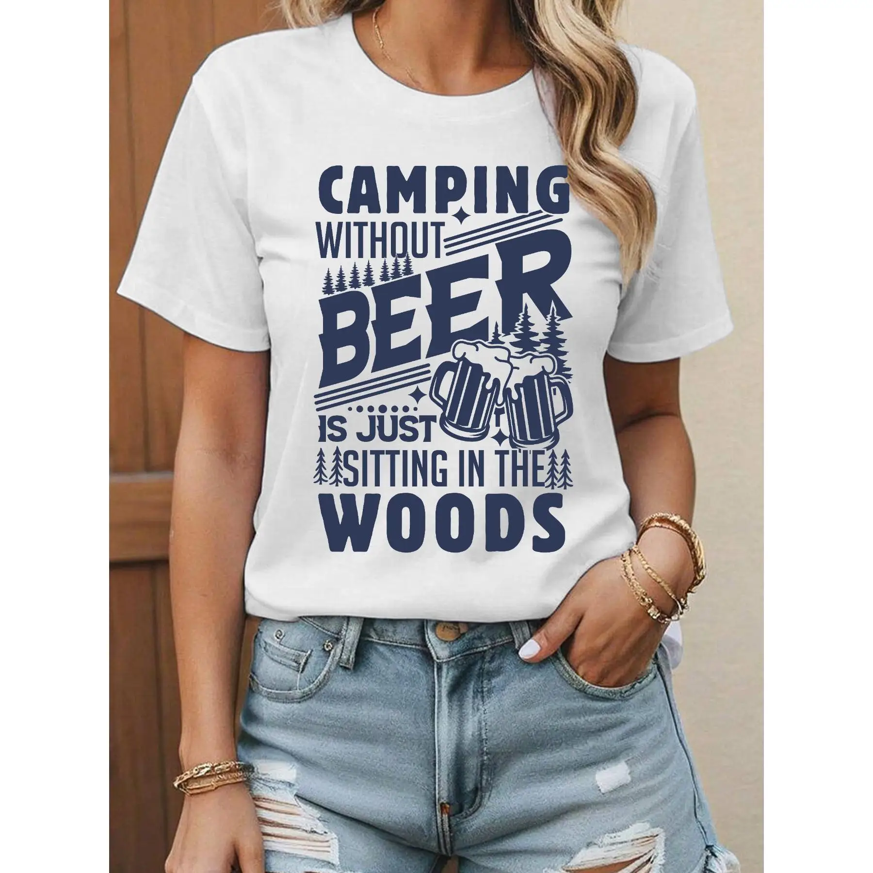 

T - shirt featuring a humorous camping - beer design: “CAMPING WITHOUT BEER IS JUST SITTING IN THE WOODS” text