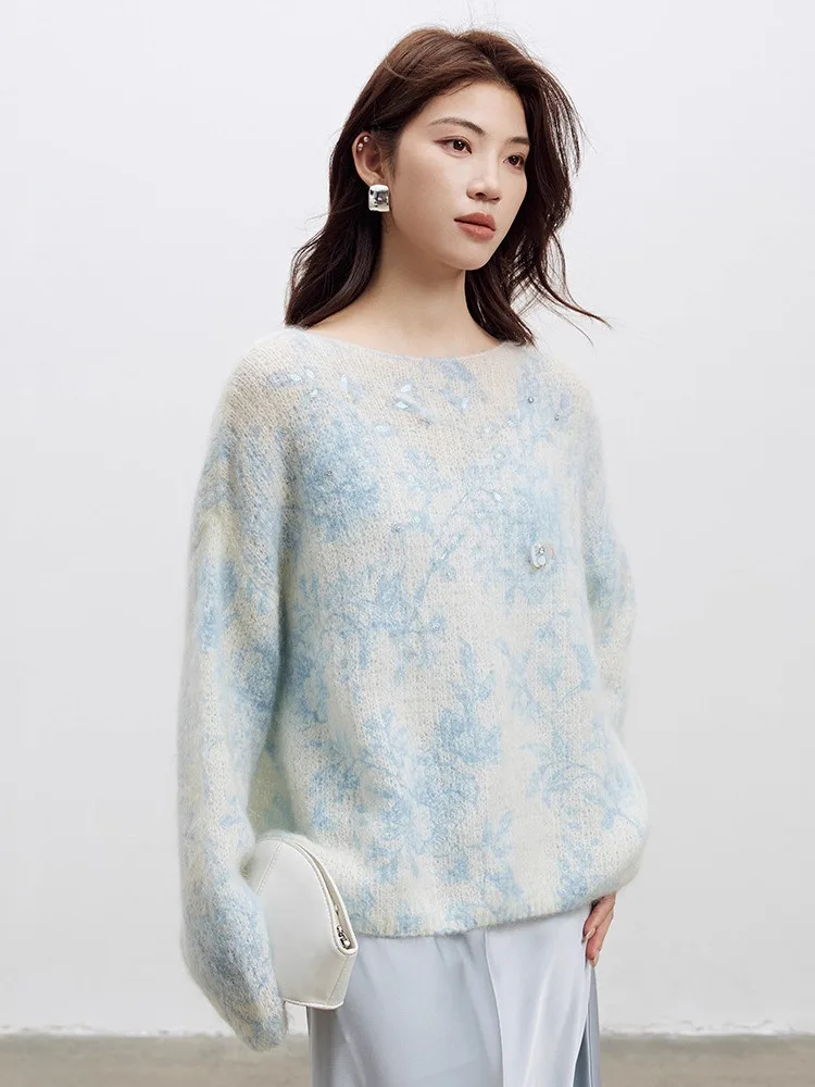 Women Mohair Wool Sweater,Autumn New Soft Gradient Nail Beads Butterfly Loose Knitwear Tops