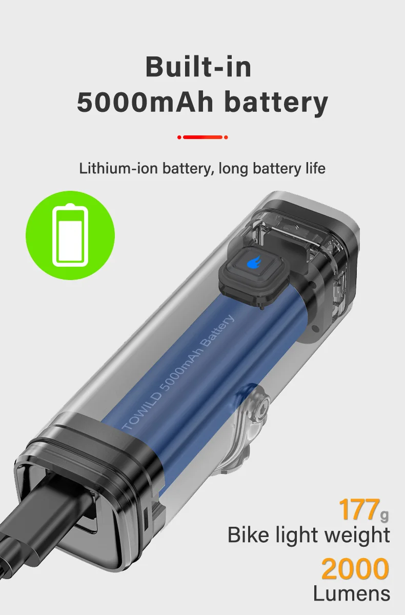 TOWILD CL2000 Bicycle Light With Cut-off Line Beam 2000LM Rechargeable 5000mAh Led Bike Front Lights IPX6 MTB Cycling Headlights