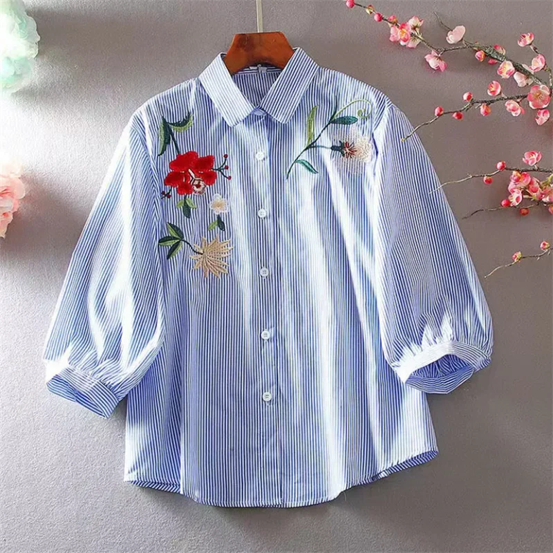 Embroidered Shirt For Women Blouse Artistic Blous Retro Woman Blouse Loose Top Lapel Cardigan Summer Leisure Woman Clothes Shirt