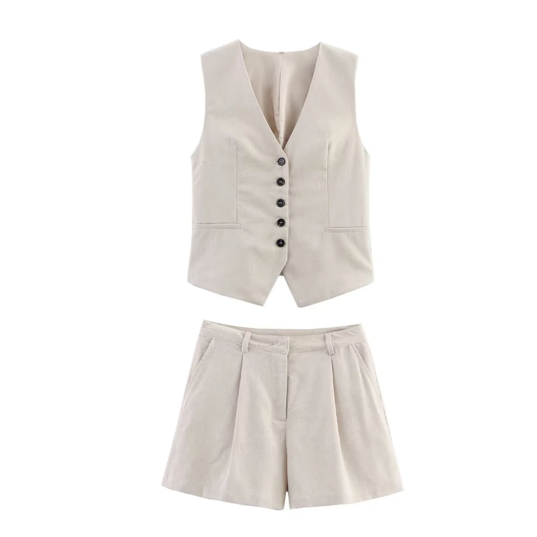 ชุดเซ็ตเสื้อกั๊กผ้าลินินผสมสีพื้นสำหรับผู้หญิง กางเกงขาสั้นเอวสูงทรงหลวมสบายๆ แฟชั่นลำลอง