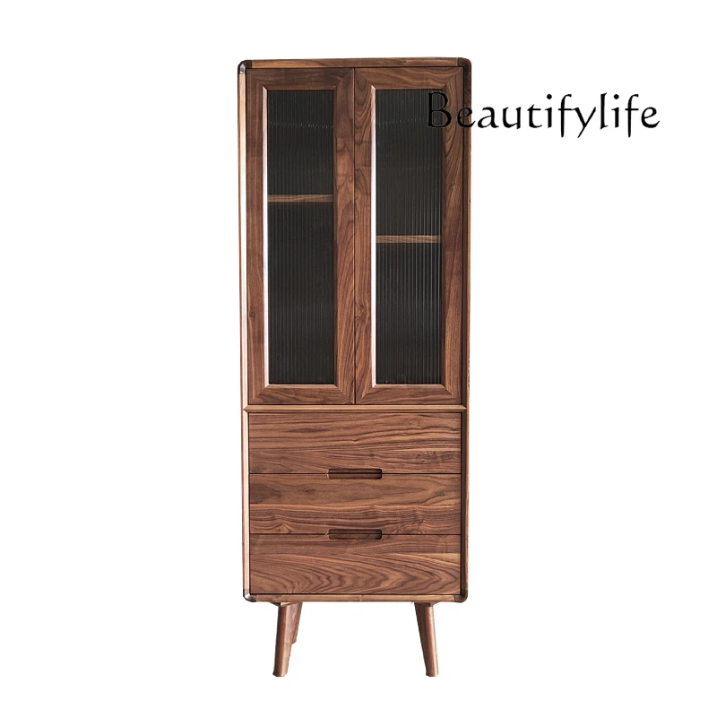 

Black Walnut Solid Wood Bookcase Nordic and Japanese Style Modern Storage Cabinet Rounded Bookshelf