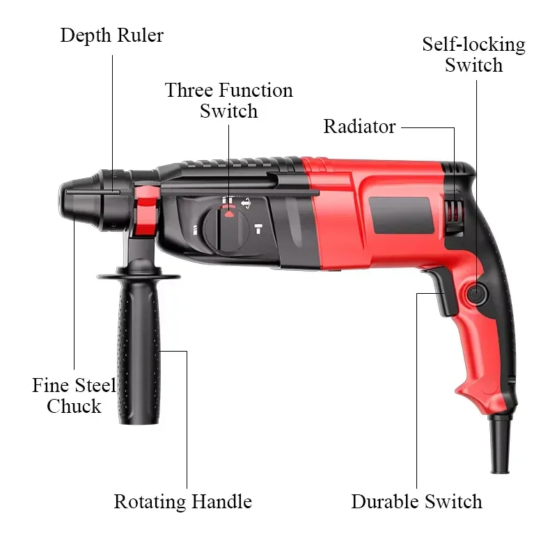 1800W Industrial Rotary Hammer Drill 26mm Max Diameter 60.4ft-lb Torque AC 110-240V Portable Impact Drilling Machine for