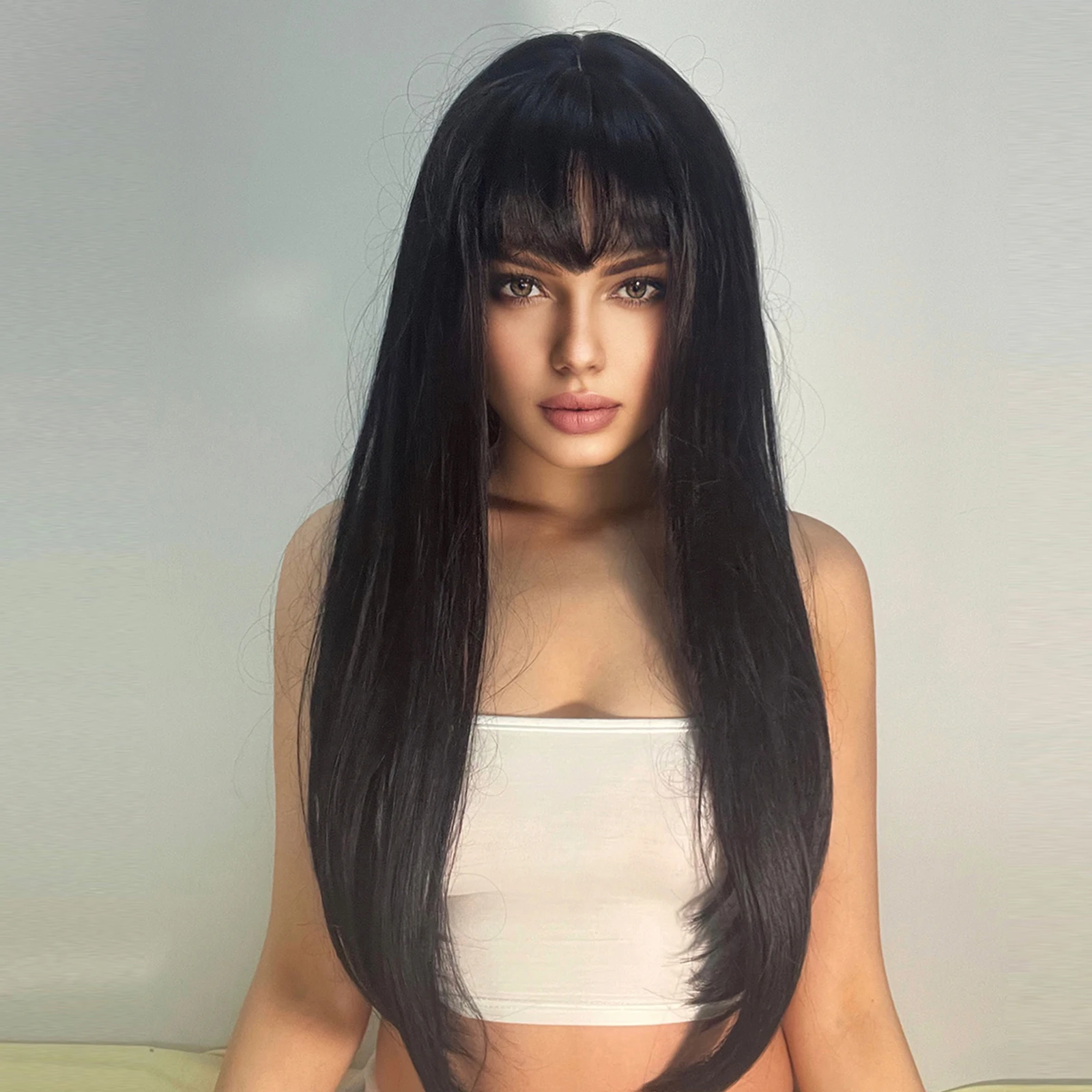 Black Long Straight Wig with Bangs Synthetic Cosplay Natural Hair Wigs for Women Afro Heat Resistant Fibre Party Daily Use Hair