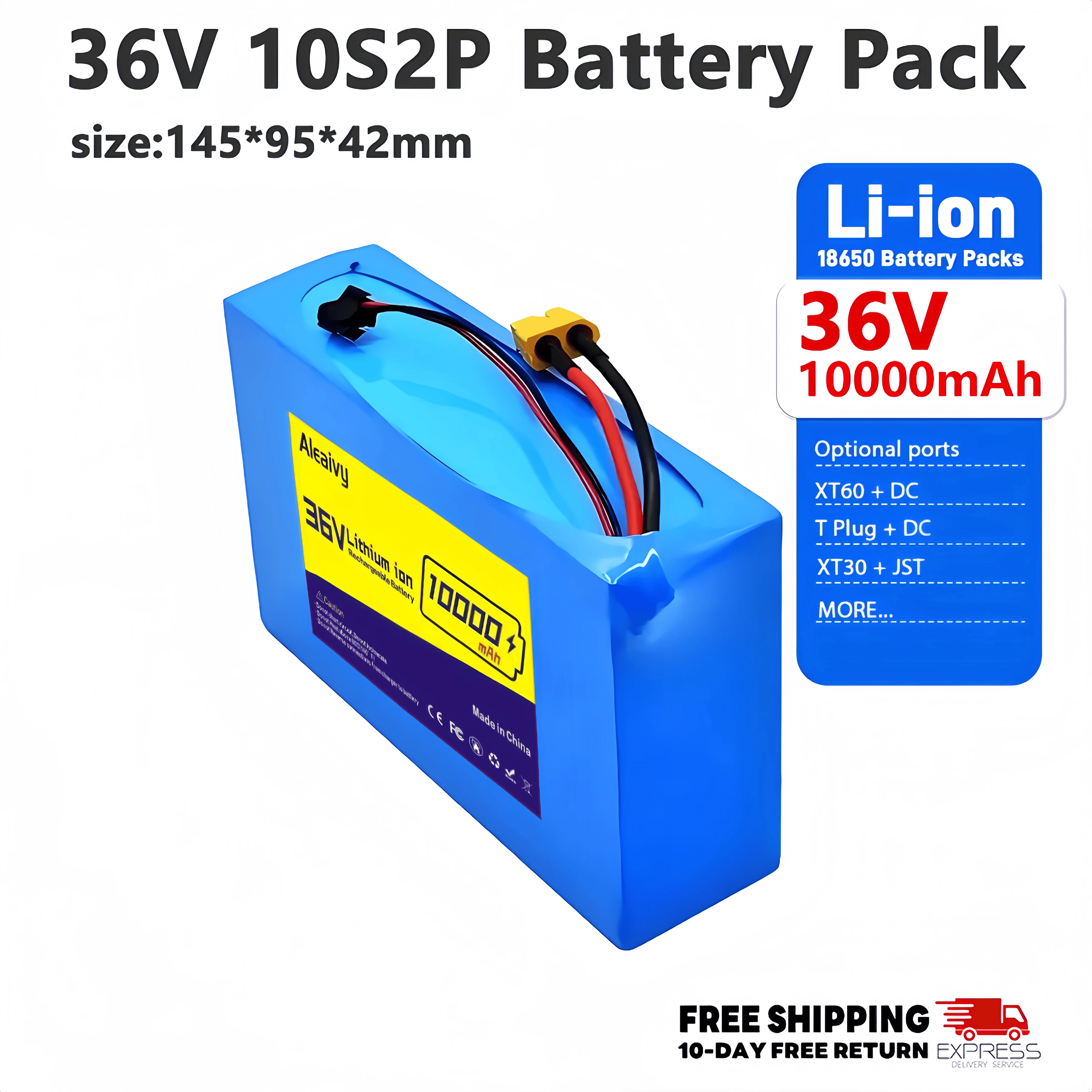 10S2P 36V 10000mAh Rechargeable Lithium Battery Built-in 18650 Cells and BMS Protection for 42V  Scooter Skateboard