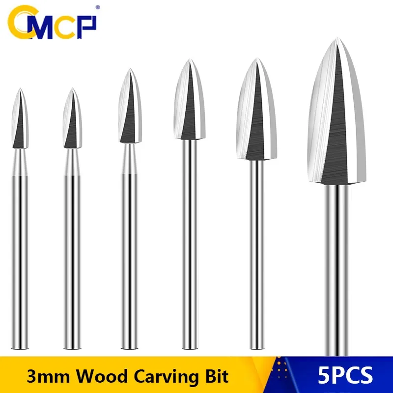 

CMCP 5pcs 3mm Shank Wood Engraving Bit Carbide Grinding Burr for Woodworking Drilling Carving Engraving Bit Woodworking Tool