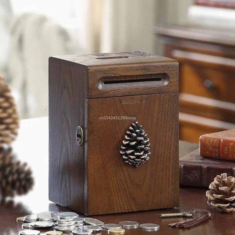 Vintage Coin Bank Wooden Saving Box Solid Wood Good-looking Storage Tank Children\'s Saving Box Lucky Money Storage Box