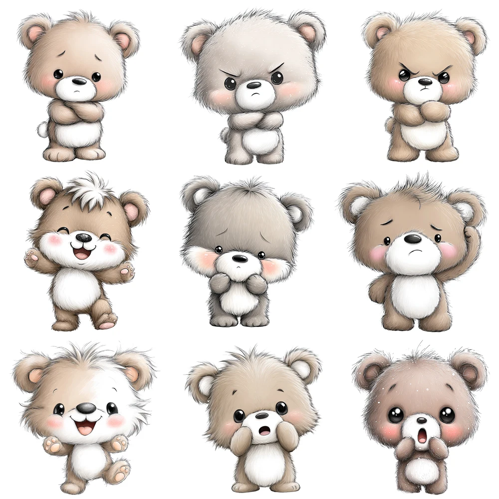 15cm Kids Cute Bear Emotions Happy Sad Cry Bears Iron On Transfer Stickers Diy DTF Heat Transfer Sticker T-shirt Clothes Decal