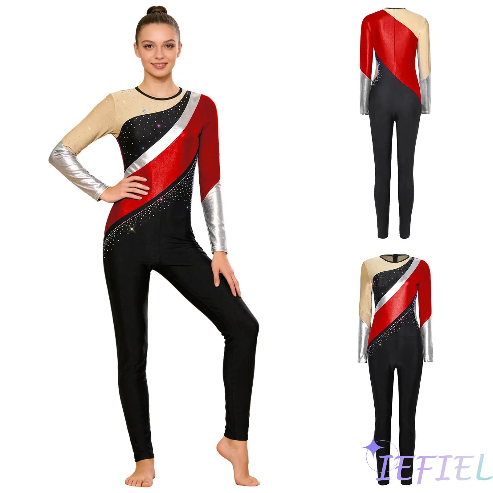 

Rhinestone Gymnastics Unitard for Women Metallic Shiny Color Block Long Sleeve Pants Jumpsuit for Latin Training Competition
