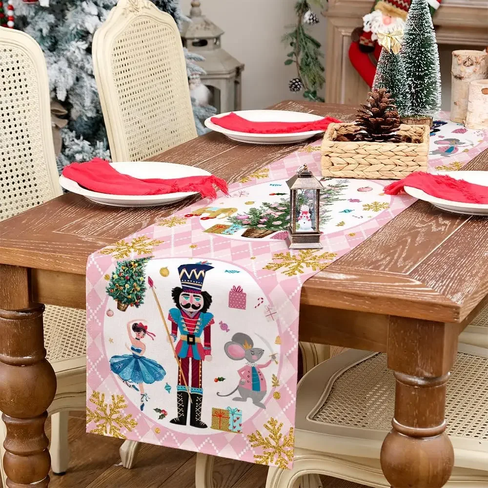 Christmas Nutcracker Linen Table Runner Party Decor Reusable Winter Xmas Kitchen Dining Table Runner Christmas Decorations