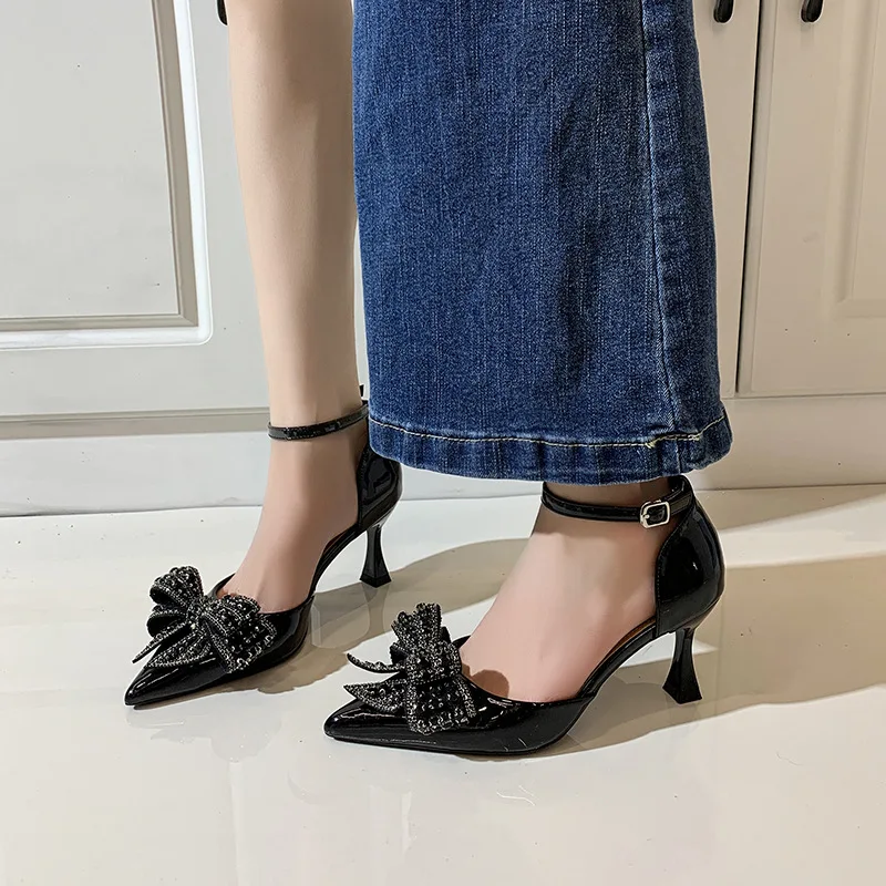 

2026 New Fashion Rhinestone Bowknot High Heels Wedding Party Prom Shoes Elegant Pointed Toe Slingback Sandals Women Pumps,35-41