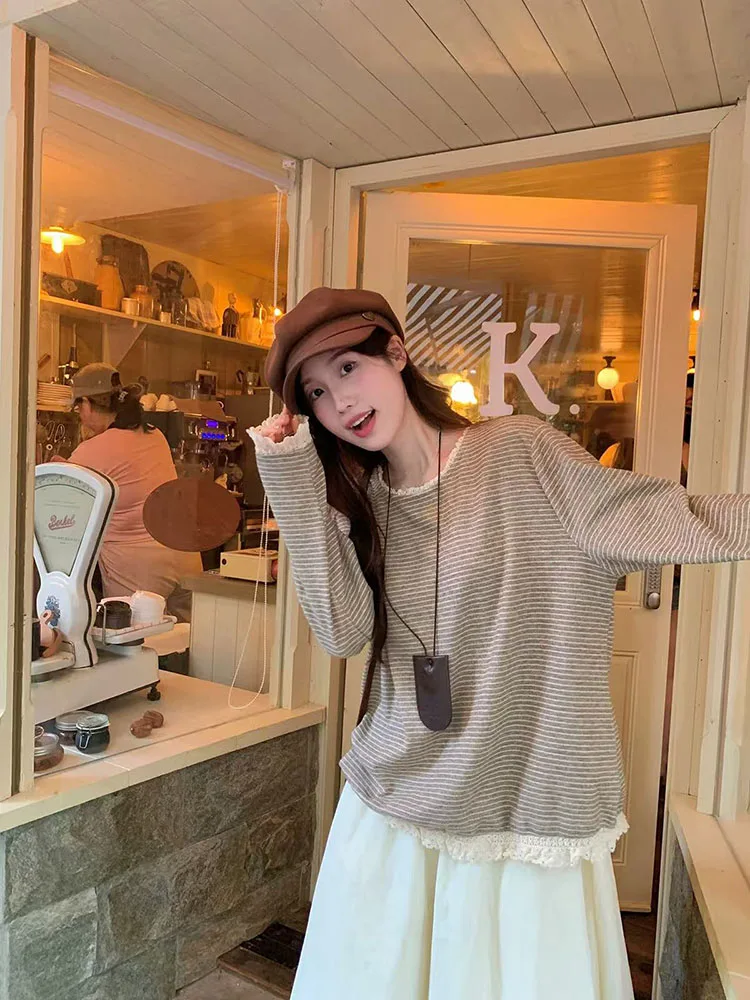 Lace Patchwork Striped T Shirt for Women Korean Loose Preppy O Neck Tops Autumn Fashion Ruffles All Match Female Pullover New