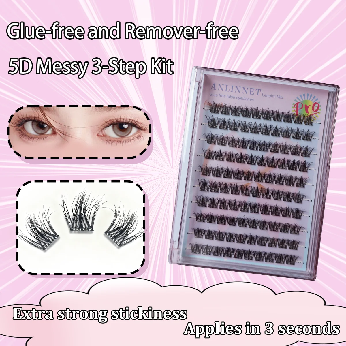 10 rows No Glue Needed Self Adhesive Cluster Lash Diy Adhesive Cluster Lashes Extension Reusable Glue-free Lashes