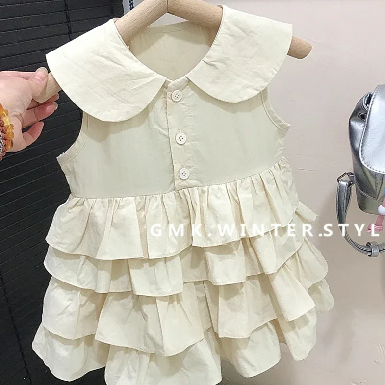 

Girls Skirt 2025 Summer New Children's Clothing Korean Style Girl Baby Sweet Doll Collar Cake Princess Dress Casual Simple Daily