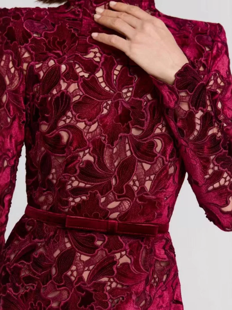 Faionable Asymmetric Long Sve Evening Dr Women's Par Dr Floral Embroidery mid Waist Midi Length Adult Ceremony