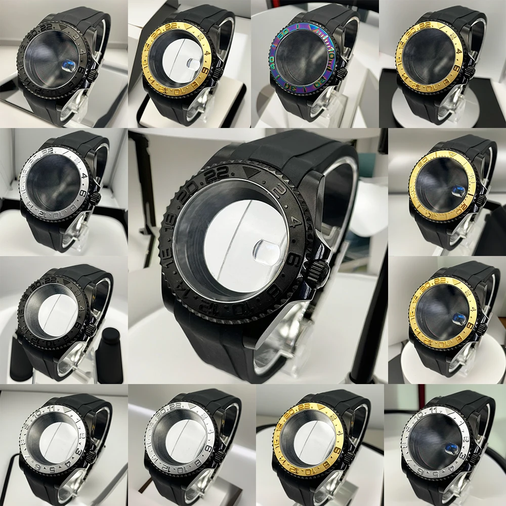 

40mm Black PVD NH35 Watch Cases for NH34 NH35 NH36 Movement with Rubber Sapphire Glass Bracelet 28.5mm Dial Case