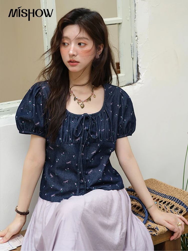 

MISHOW Fashion Puff Sleeve Square Neck Blouse for Women 2025 Summer Lace Up Button Print Denim Top Women's Clothing MXE39X1933