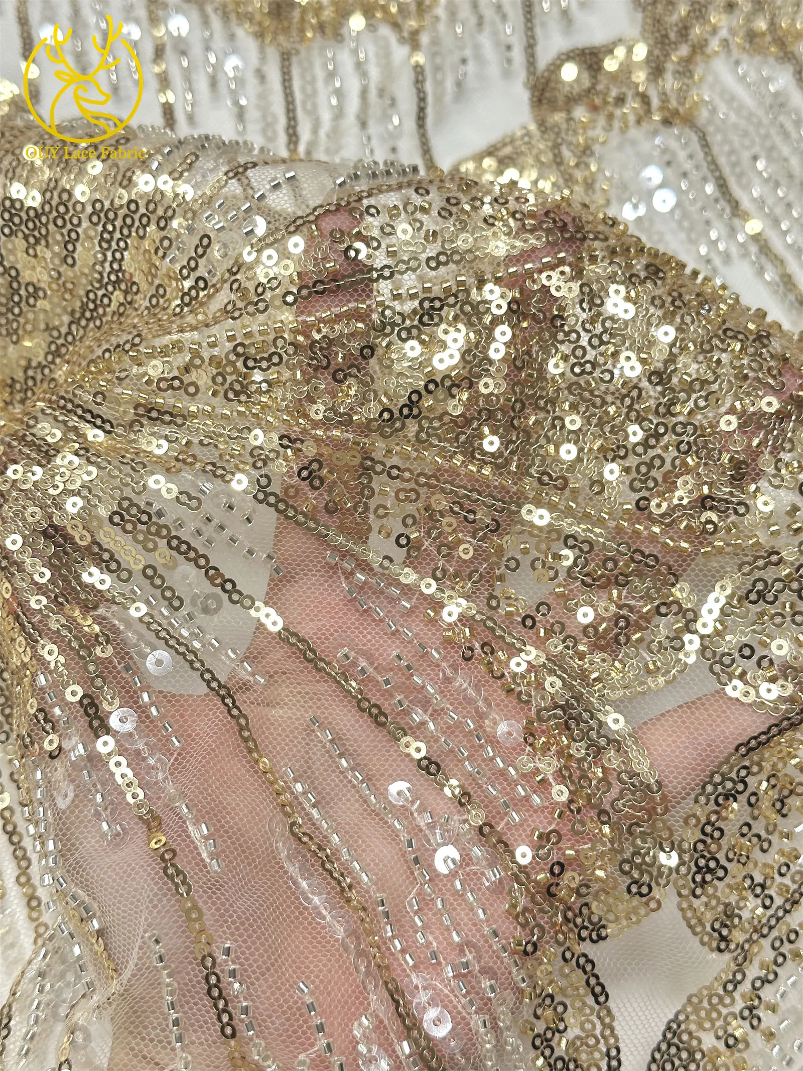 Königlicher Luxus Afrikanischer Spitzenstoff 2026 – Hochwertige Nigerianische Perlen-Pailletten-Spitze, Französische Tüllspitze für Damen, Abschlussball- und Partykleider zum Nähen – Detail 11
