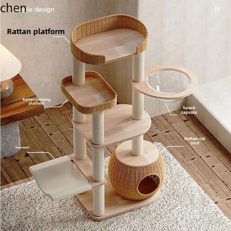 

ZML Solid Wood Cat Climbing Frame Rattan Multi-Cat Tree Integrated Ragdoll Large Cat Stand