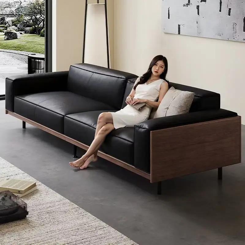 

Italian antique tofu block leather sofa, small apartment living room retro first layer cowhide solid wood straight row