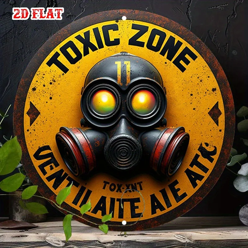 2D Flat, 2D Flat 1pc Bright warning Round Aluminum Sign, Toxic Zone Sign Metal Tin Sign - Gas Mask Design Rustic Metal Wall Ar