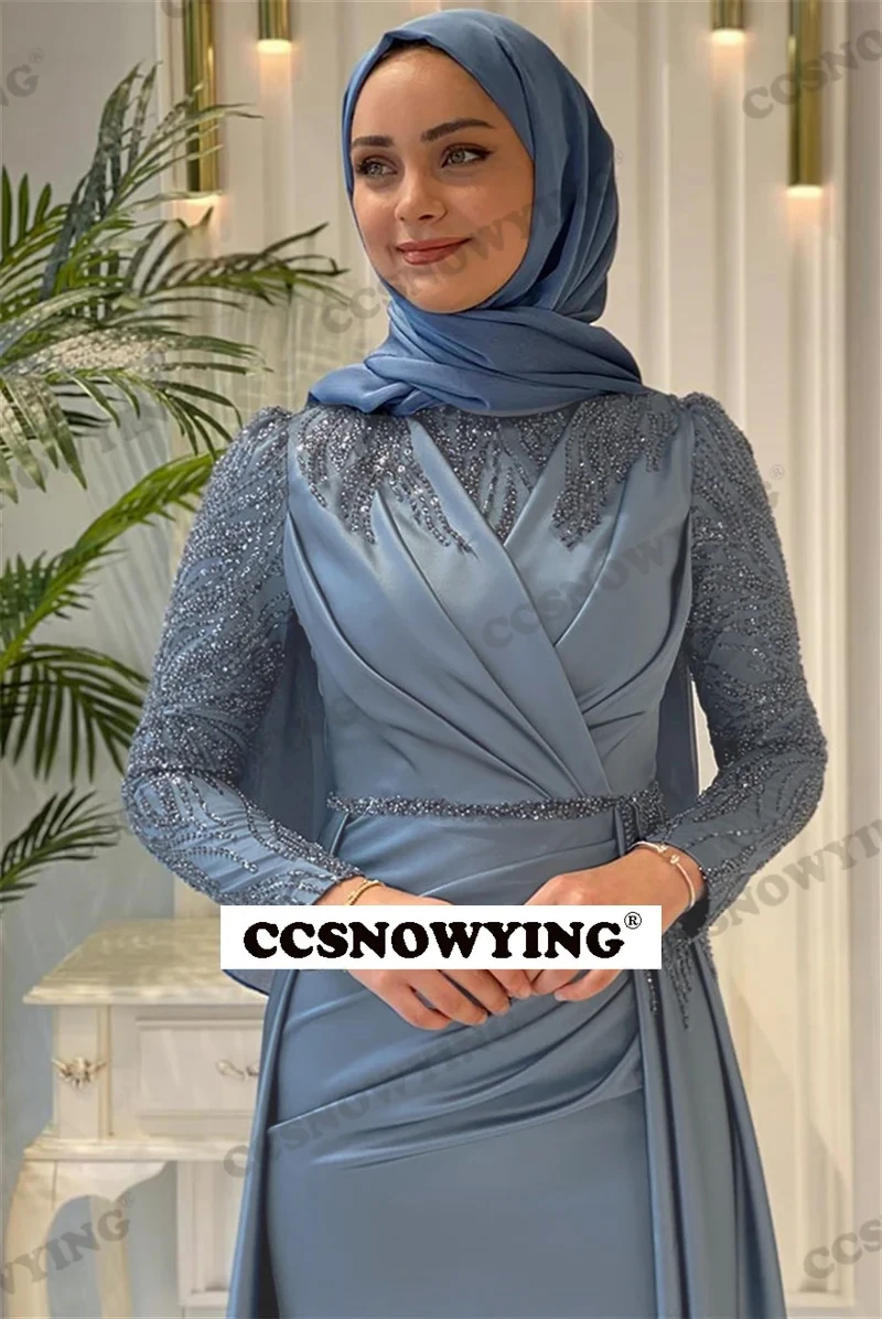 Appliques Beaded Hijab Muslim Evening Dresses Satin Long Sleeve High Neck Formal Party Gown Arabic Dubai Robe De Soiree