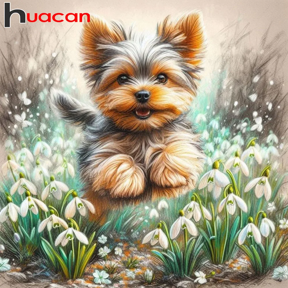 Huacan DIY Diamantmalerei Hund Blume Diamantmosaik Tiermuster für Erwachsene Anfänger Heimdekoration